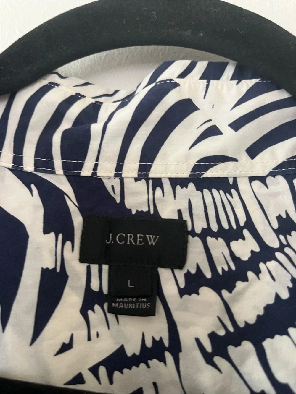 J Crew Navy Blue White Tropical Palm Print Large 100% Cotton Resort Vacation